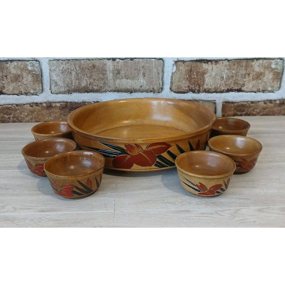 Nut Bowl Wooden With 6 Cups Hand Painted Rare Made In Japan Hand Carved